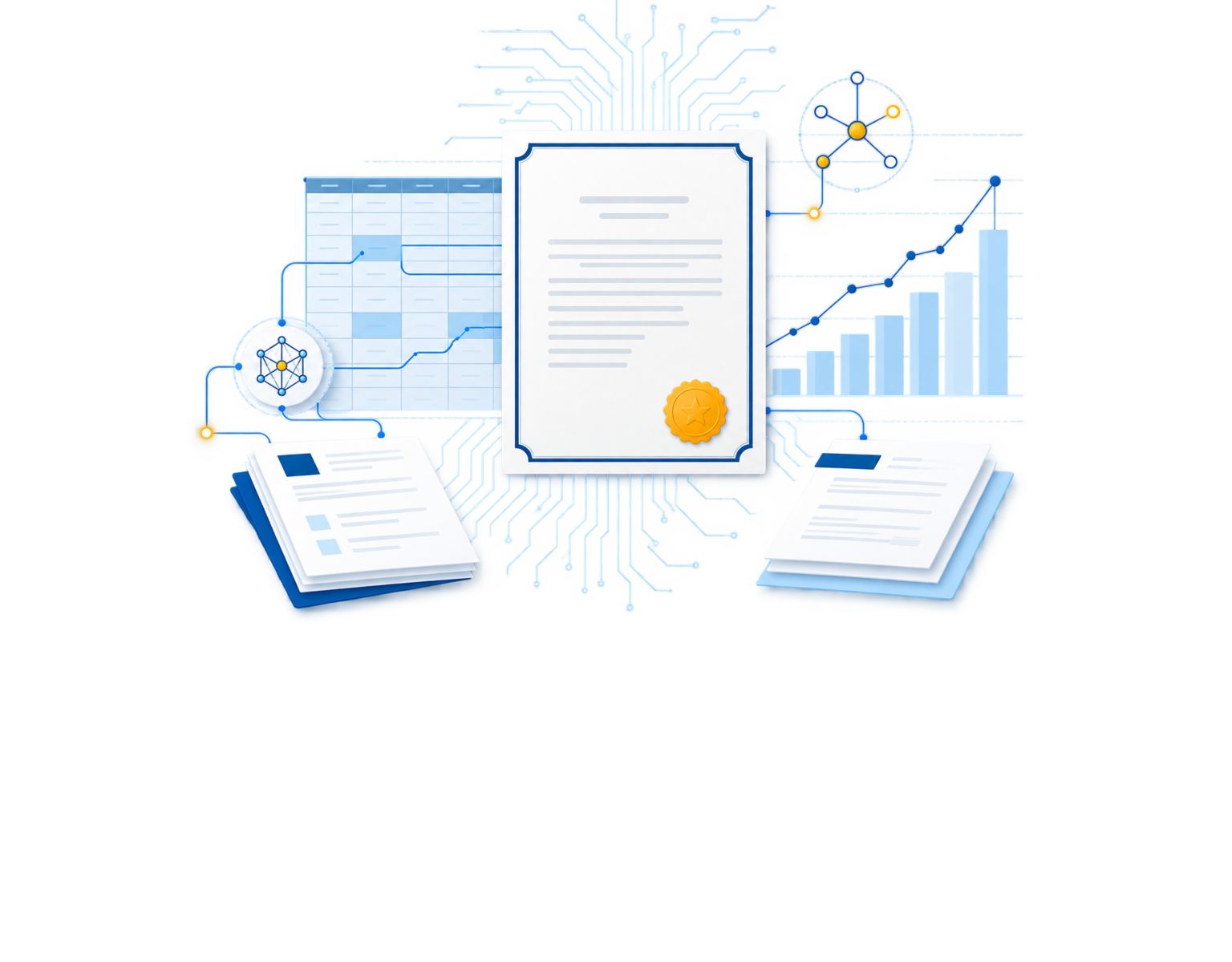AI training certificate with financial reports, data analysis, and connected technology graphics